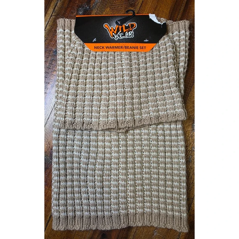 661 Wild Wear Neck Warmer Beanie Set Tan Cream WaffleKnitWinter Hat Scarf Mens